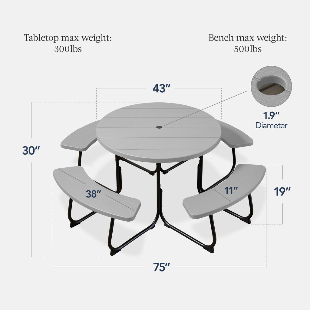 8-Person Circular Picnic Table with Umbrella Hole 4 Benches with practical outdoor-ready details