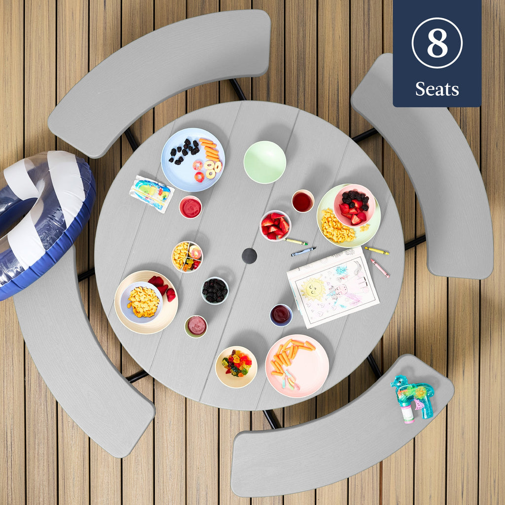 8-Person Circular Picnic Table with Umbrella Hole 4 Benches with practical outdoor-ready details