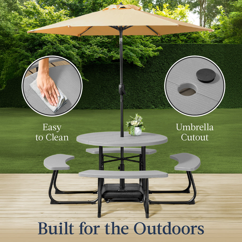 8-Person Circular Picnic Table with Umbrella Hole 4 Benches with practical outdoor-ready details
