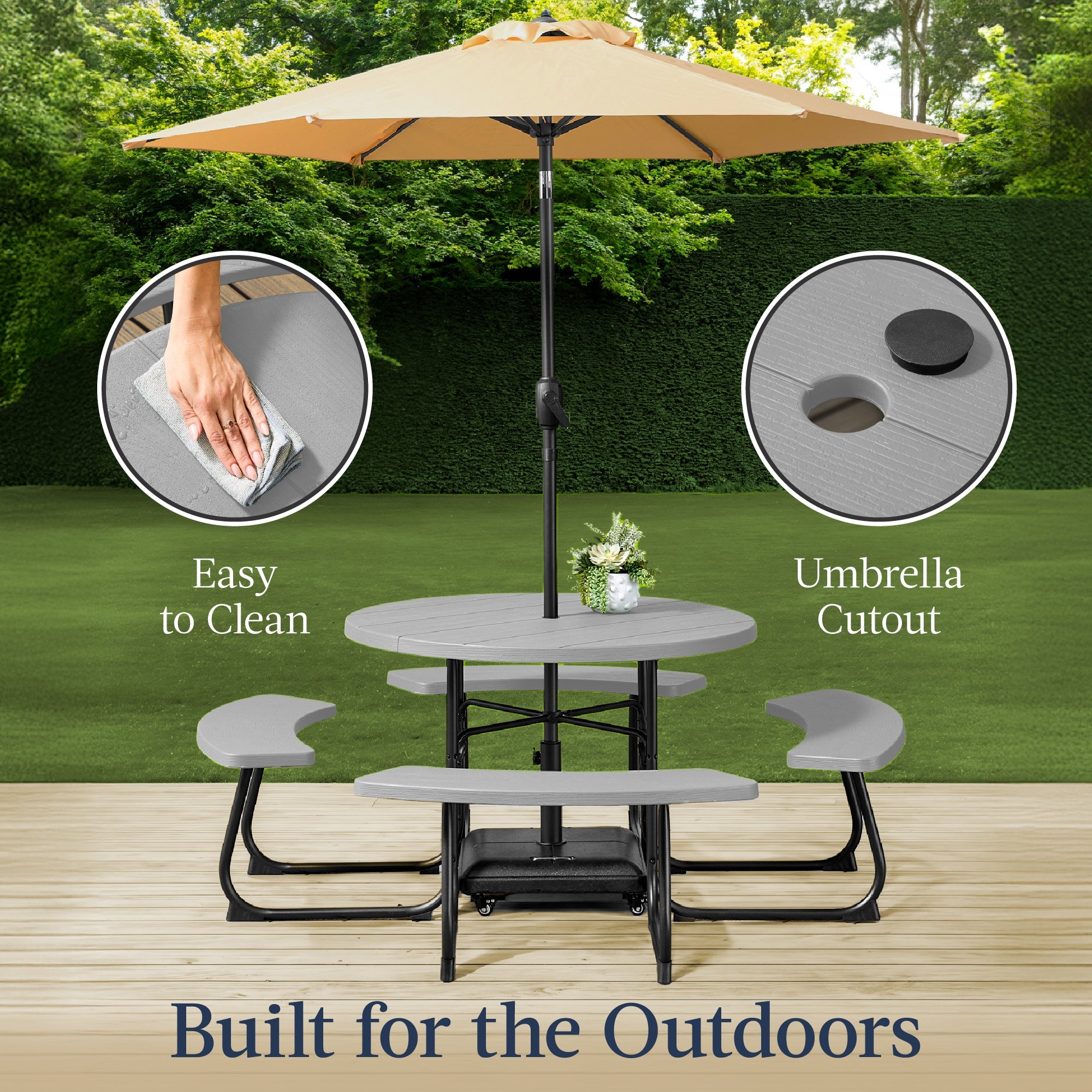 8-Person Circular Picnic Table with Umbrella Hole 4 Benches with practical outdoor-ready details