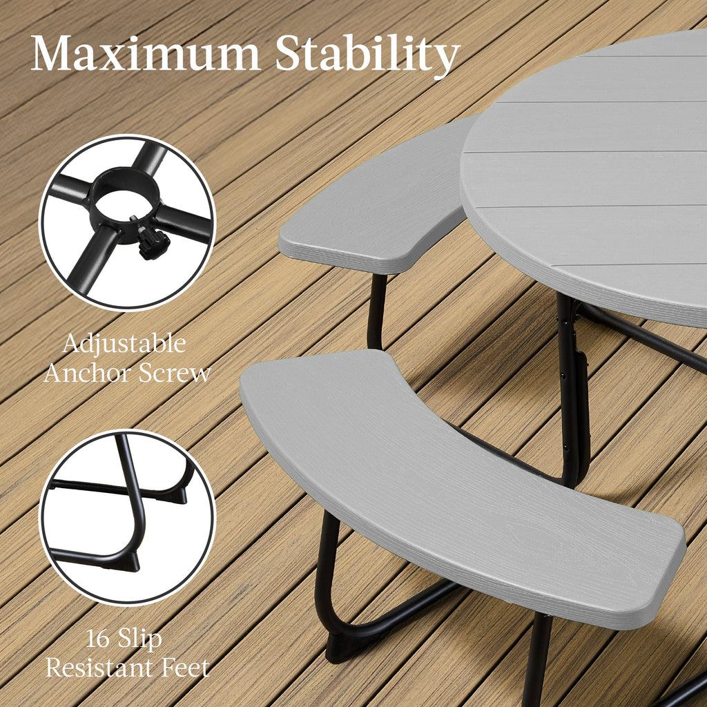 8-Person Circular Picnic Table with Umbrella Hole 4 Benches with practical outdoor-ready details