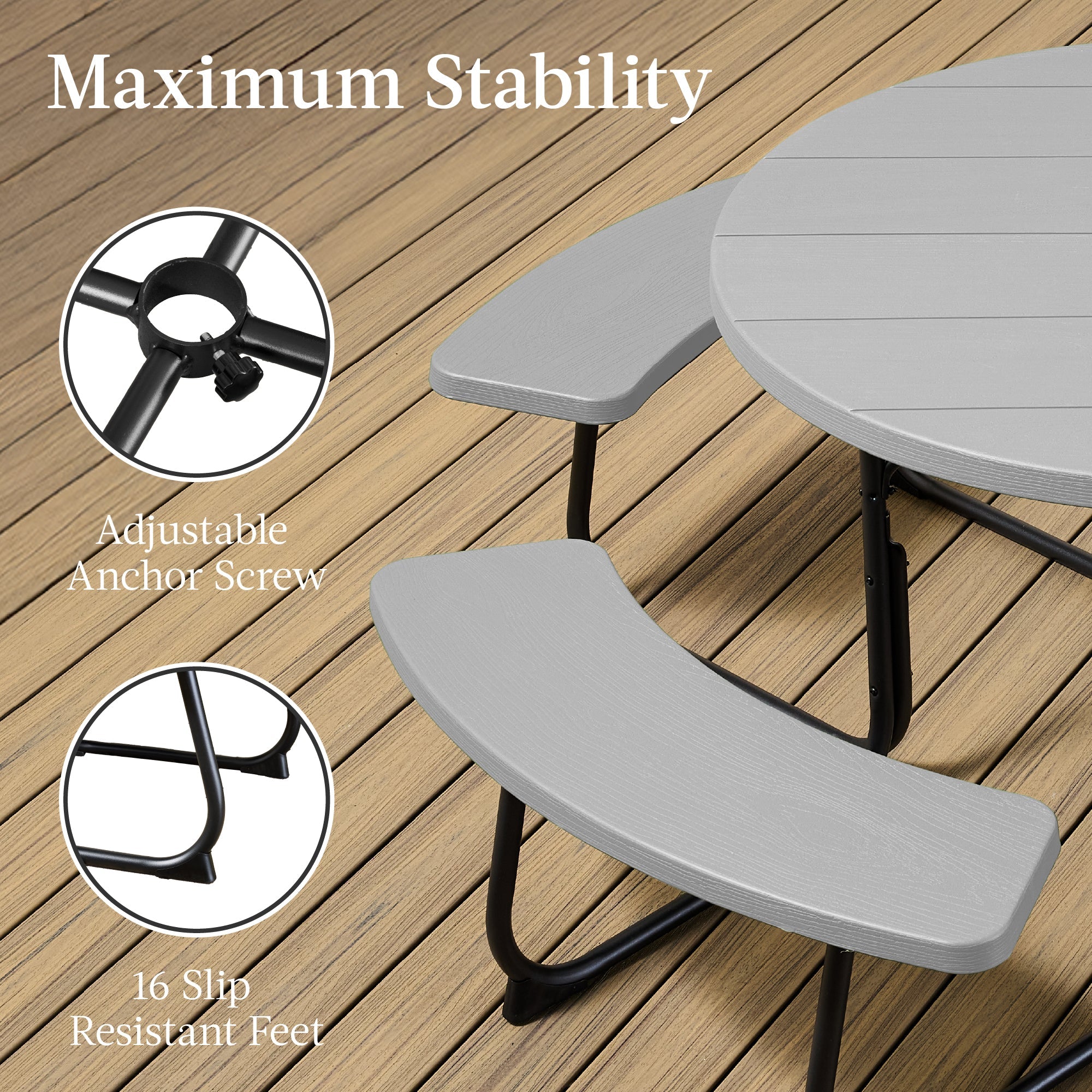 8-Person Circular Picnic Table with Umbrella Hole 4 Benches with practical outdoor-ready details