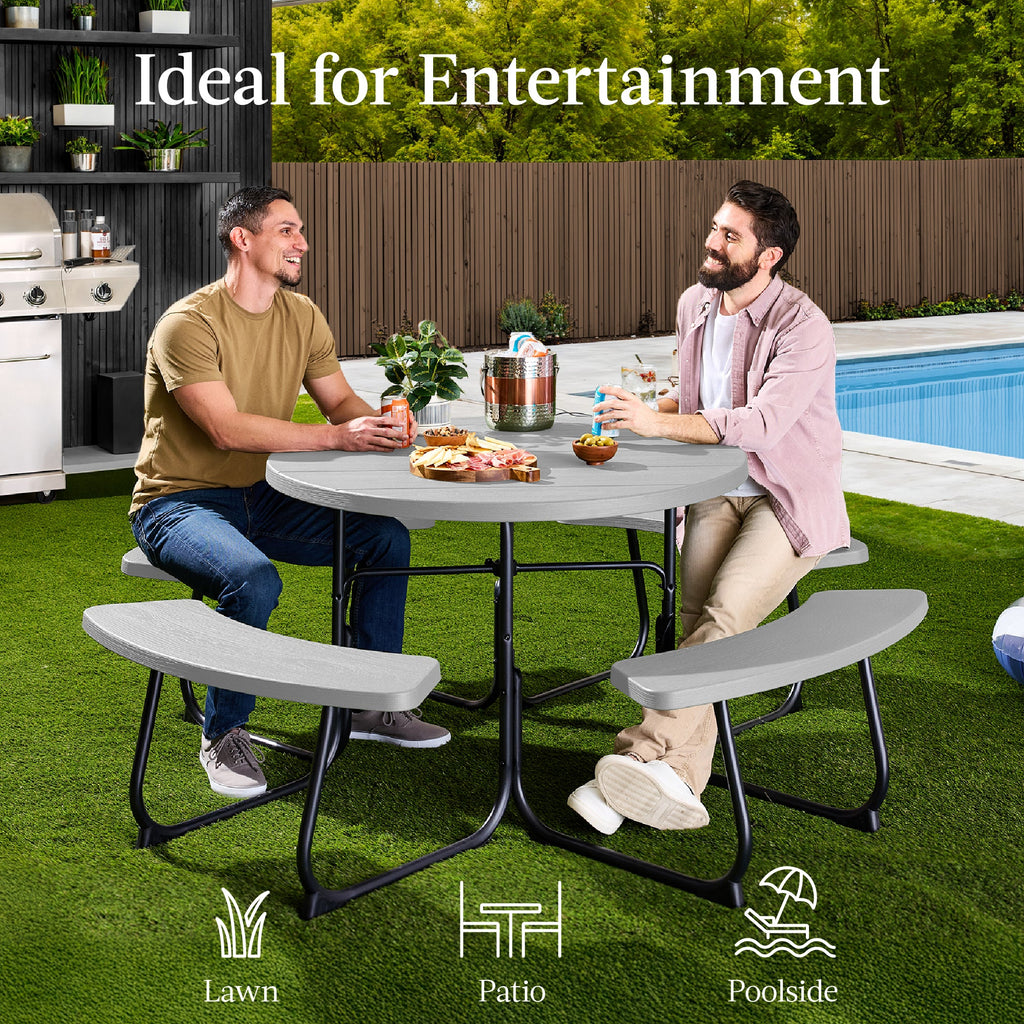 8-Person Circular Picnic Table with Umbrella Hole 4 Benches with practical outdoor-ready details