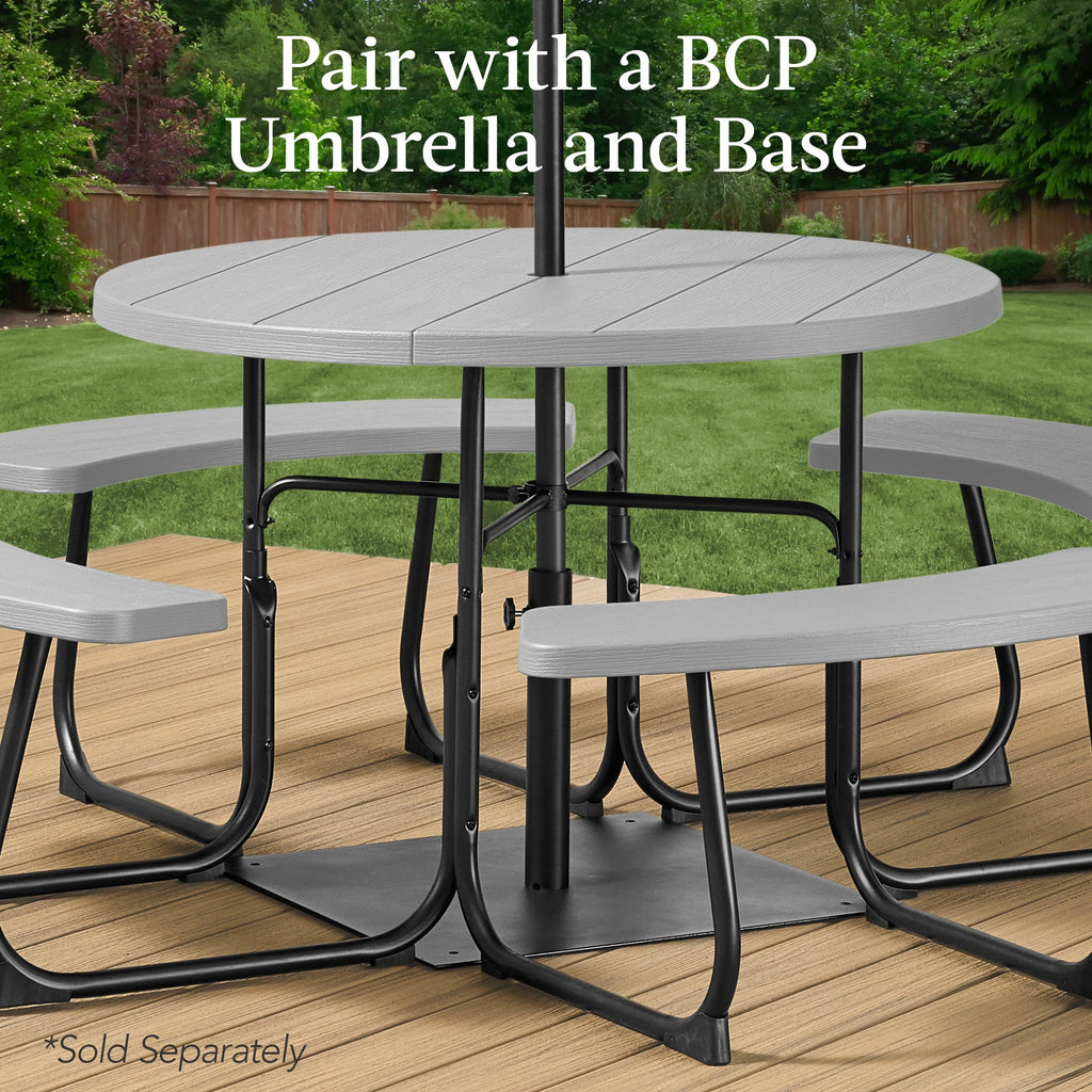 8-Person Circular Picnic Table with Umbrella Hole 4 Benches with practical outdoor-ready details